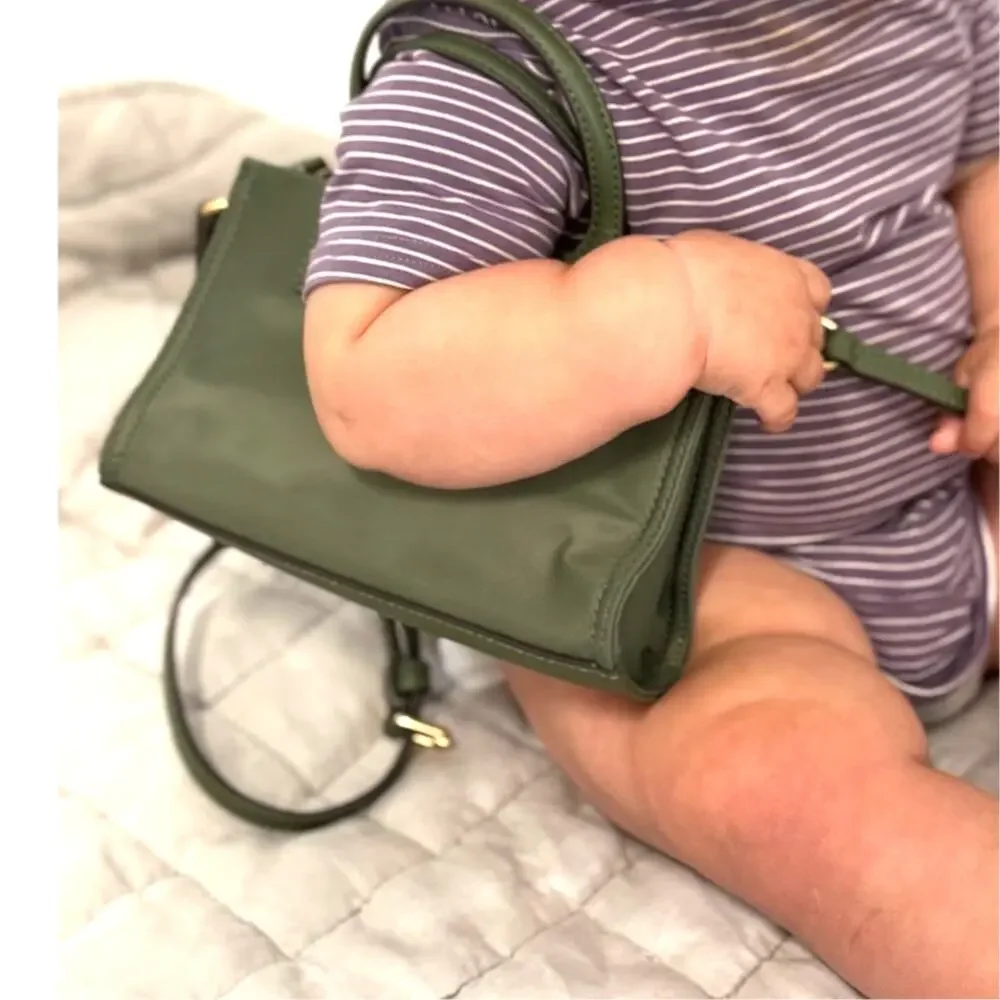 Tory Burch Ella Nylon Mini Baby Tote Purse Crossbody Strap Olive Palm Green
